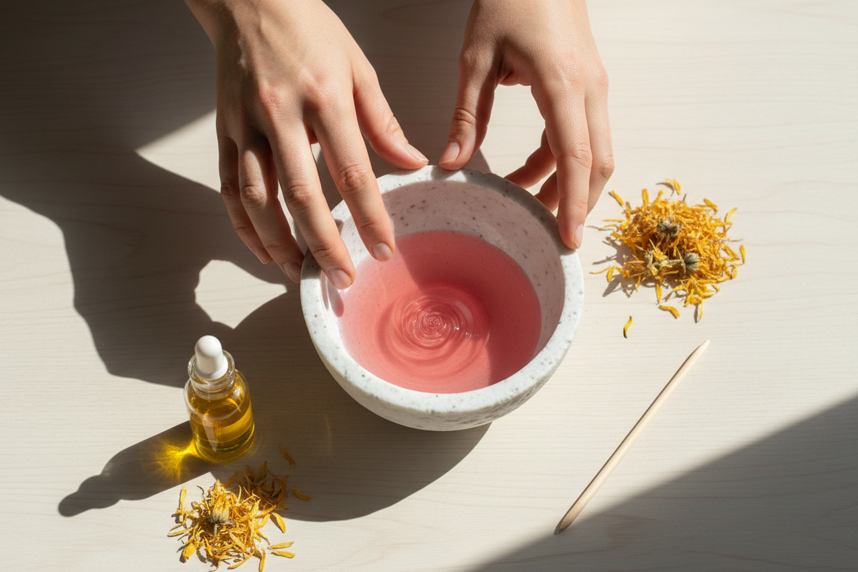A professional, ultra-wide website header image for a luxury clean beauty brand in 1920x1200. The shot is an intimate, high-angle close-up of a founder's hands blending a vibrant pink lip oil in white stone bowl on a light, minimalist wooden surface. Soft, airy natural sunlight creates a warm glow, gentle shadows. Nearby are scattered raw ingredients: golden jojoba oil, dried yellow calendula petals, and a small wooden stir stick. The aesthetic is artisanal, intentional, and high-end.  8K resolution
