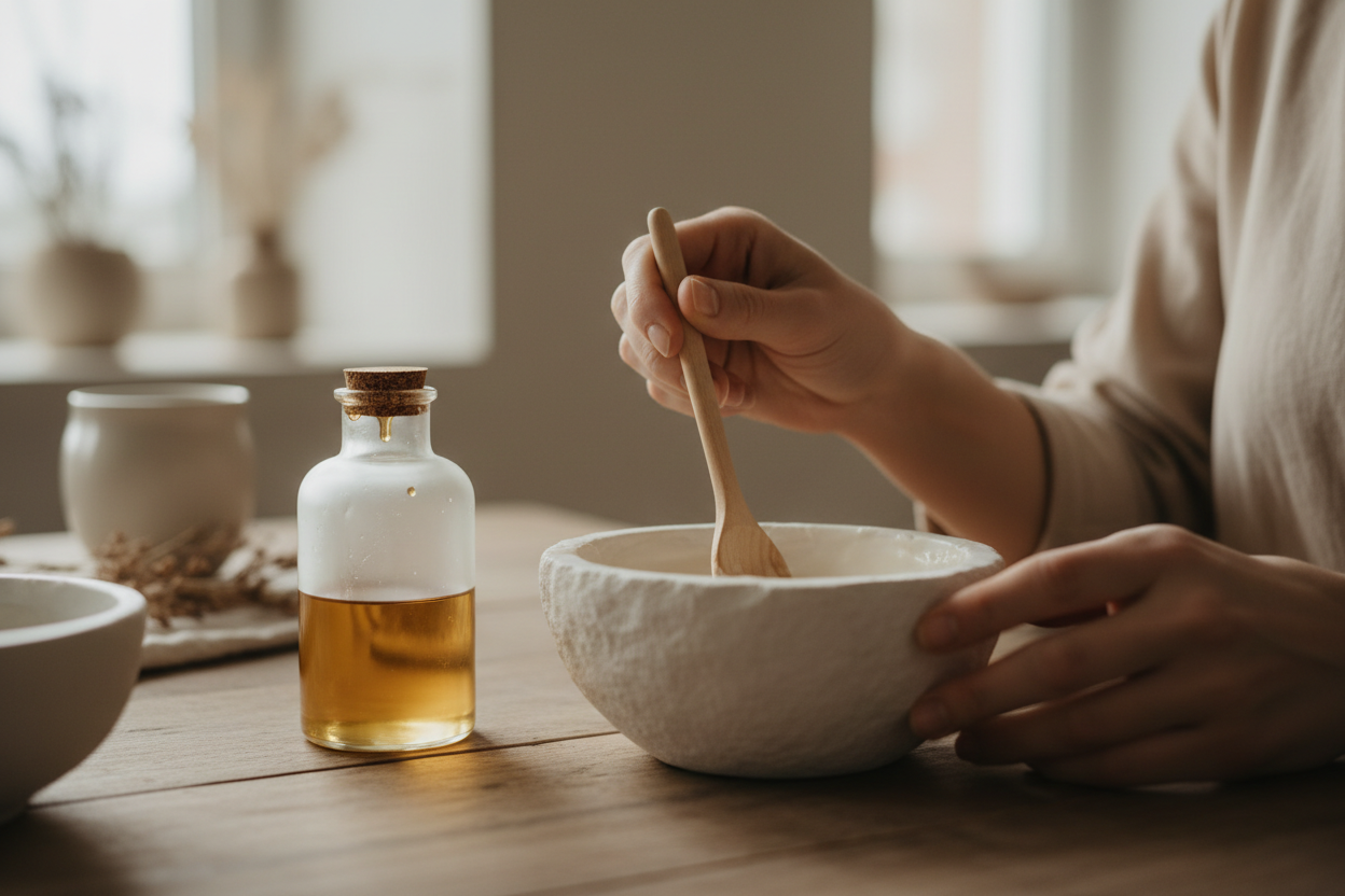 Close-up of a woman’s hands creating a clean beauty product at a table, focusing on care and craftsmanship. Natural daylight, warm beige tones, minimal studio, calm and authentic mood. Editorial, soft focus, handmade ritual, no glam styling, no bold colors. Showing oil bottle, white stone bowl and a wooden spoon. Together mixing in a calm ritual manner.