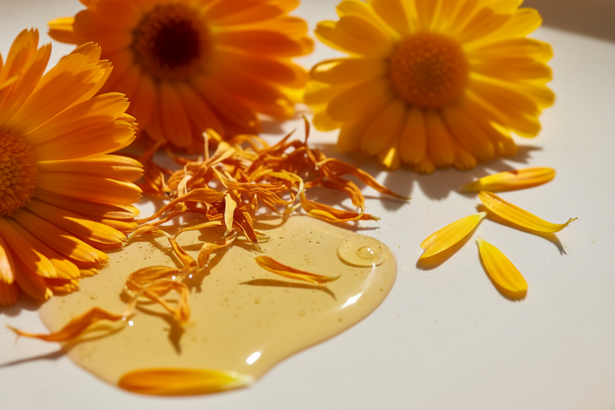 Close-up of oils, calendula, texture on light background