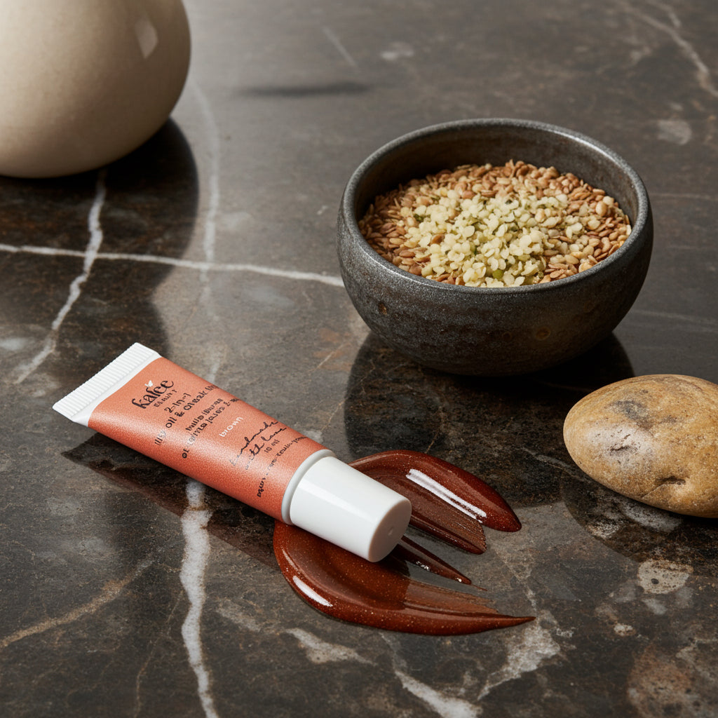 A dewy, natural makeup look using Kalee Beauty Brown 2-in-1 Lip Oil & Cheek Tint on lips and cheeks.