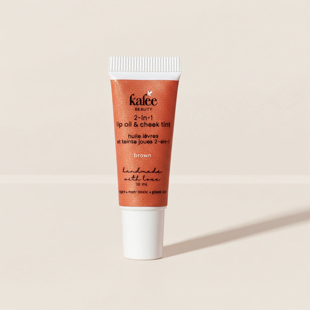 Kalee Beauty Brown 2-in-1 Lip Oil & Cheek Tint ,handmade in a minimalist squeeze tube; vegan and gentle formula.