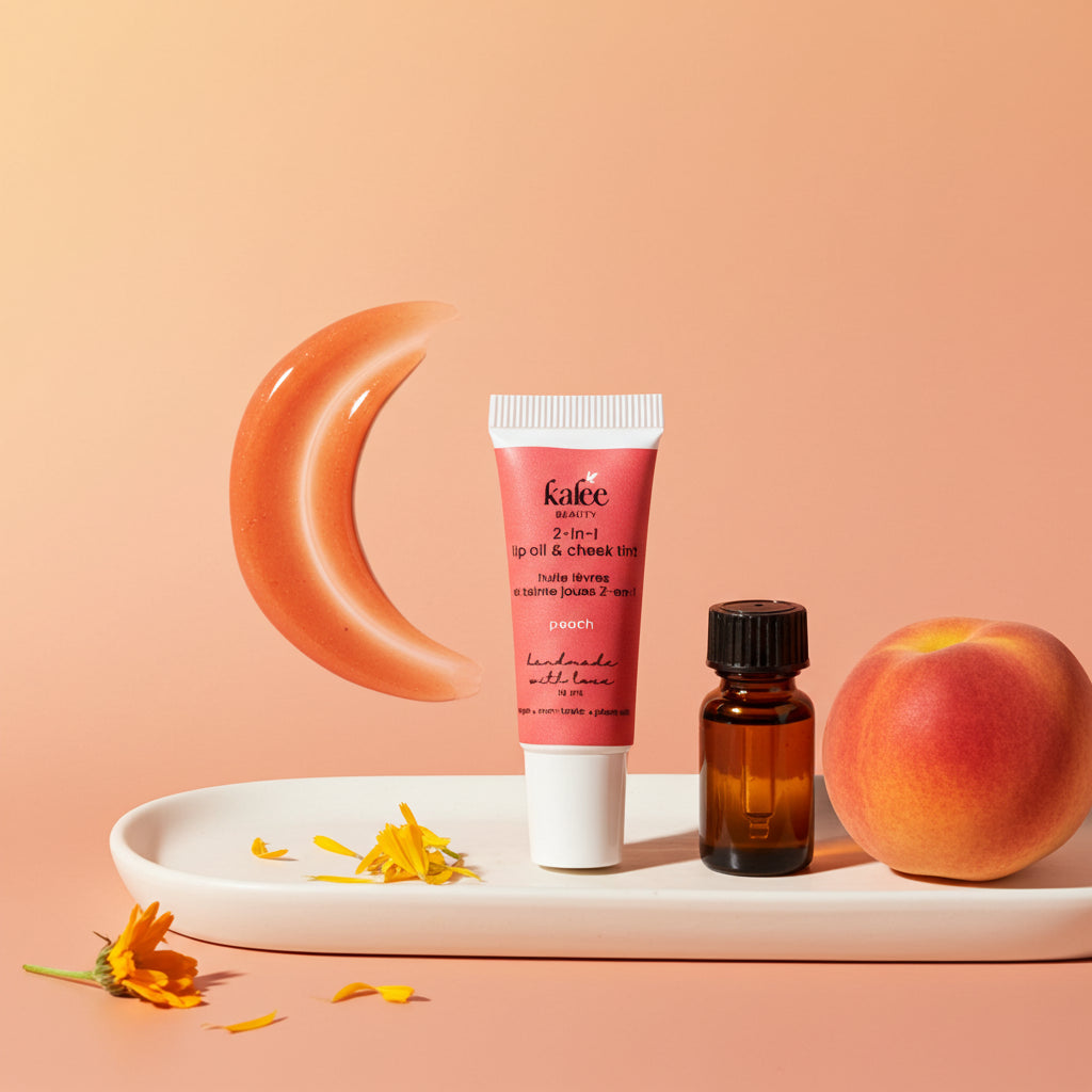 A dewy, natural makeup look using Kalee Beauty Peach 2-in-1 Lip Oil & Cheek Tint on lips and cheeks.