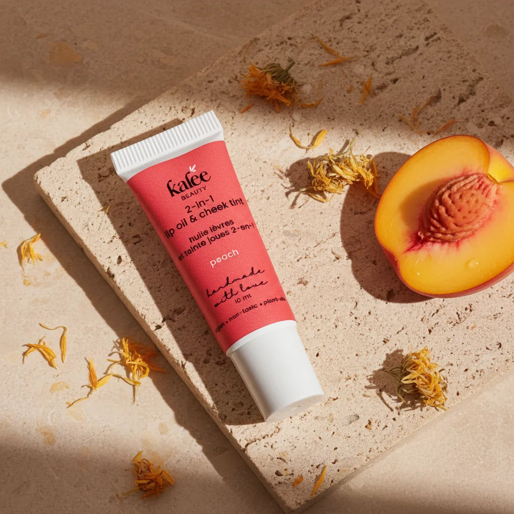 A dewy, natural makeup look using Kalee Beauty Peach 2-in-1 Lip Oil & Cheek Tint on lips and cheeks.