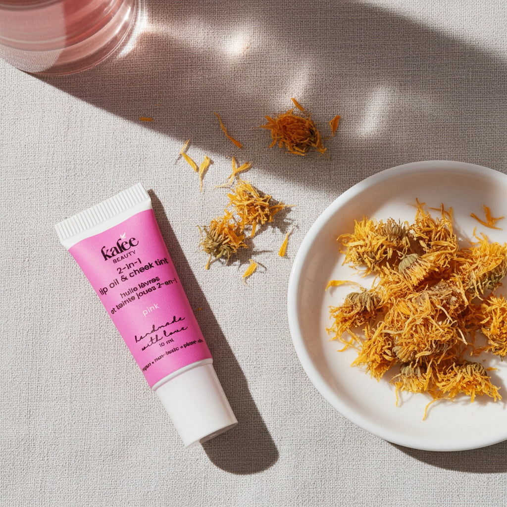 A dewy, natural makeup look using Kalee Beauty Pink 2-in-1 Lip Oil & Cheek Tint on lips and cheeks.