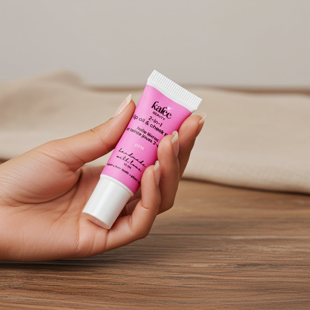 Hand holding Kalee Beauty Pink 2-in-1 Lip Oil & Cheek Tint to show portable sizing and travel-friendly packaging.