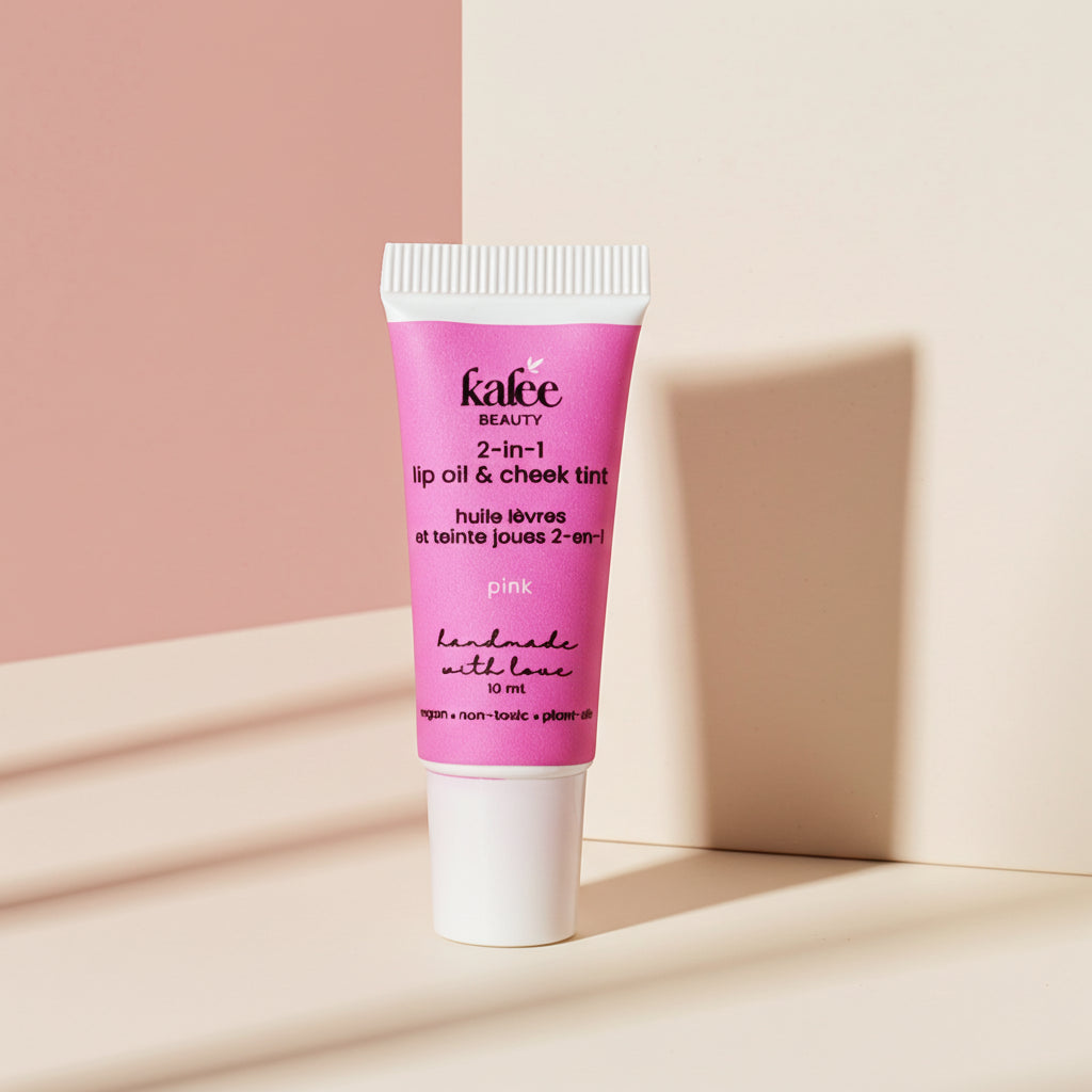 Kalee Beauty Pink 2-in-1 Lip Oil & Cheek Tint ,handmade in a minimalist squeeze tube; vegan and gentle formula.