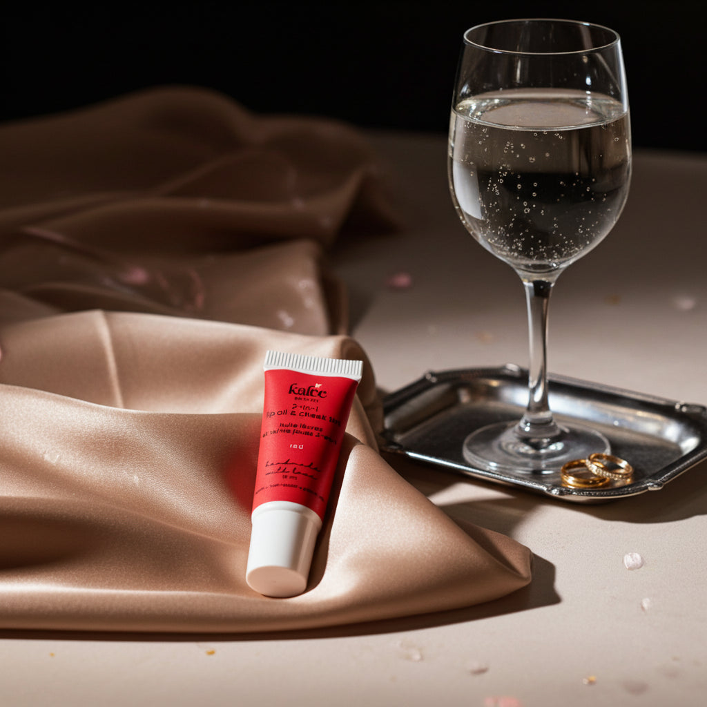 A dewy, natural makeup look using Kalee Beauty Red 2-in-1 Lip Oil & Cheek Tint on lips and cheeks.