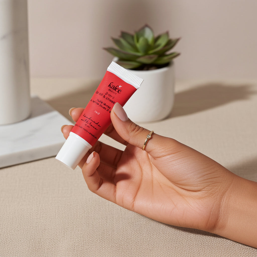 Hand holding Kalee Beauty Red 2-in-1 Lip Oil & Cheek Tint to show portable sizing and travel-friendly packaging.