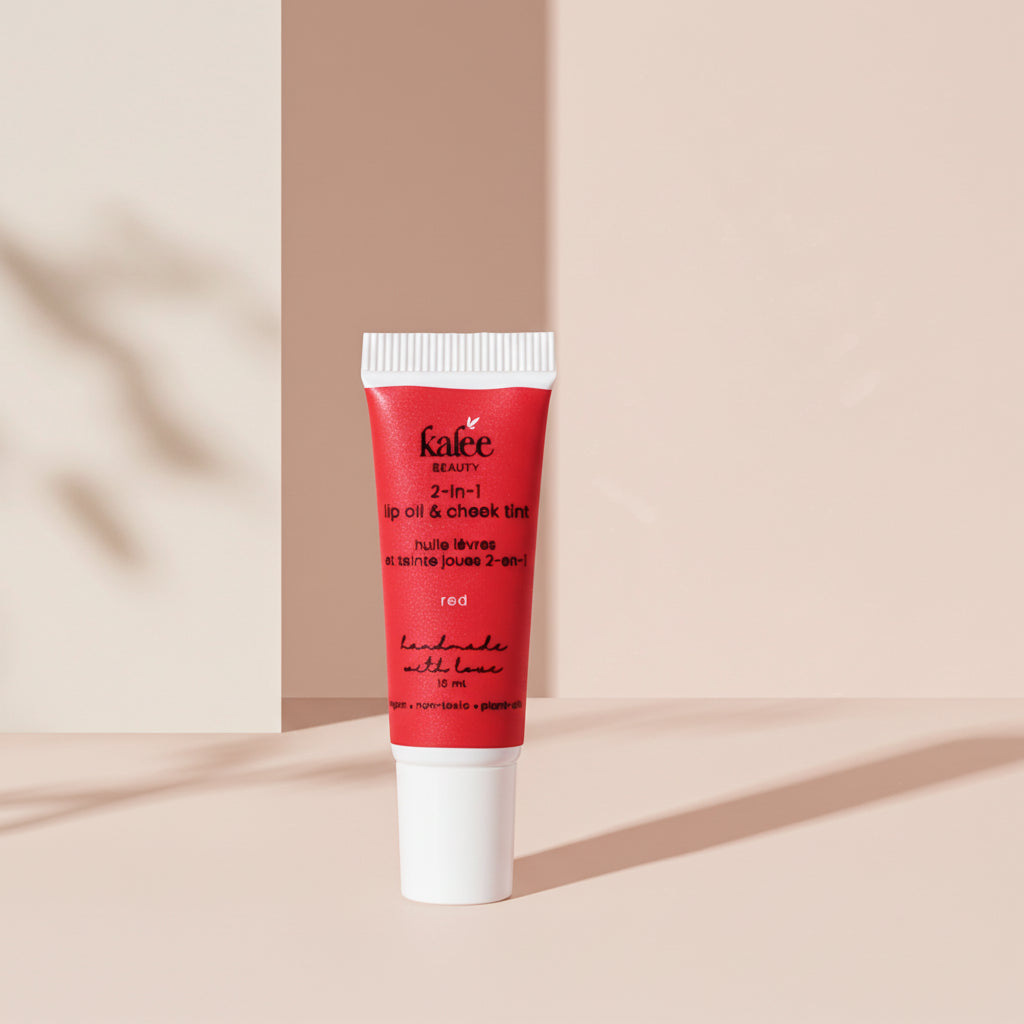 Kalee Beauty Red 2-in-1 Lip Oil & Cheek Tint ,handmade in a minimalist squeeze tube; vegan and gentle formula.