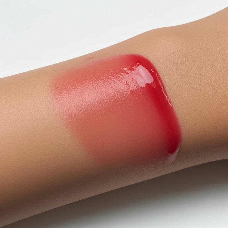 Natural skin swatch of Kalee Beauty Red 2-in-1 Lip Oil & Cheek Tint showing sheer, dewy pigment on skin tone.