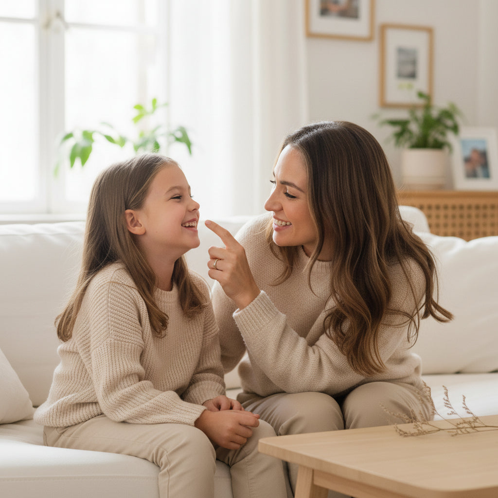 A mother and young daughter sharing a gentle morning beauty ritual in a bright, minimalist home; reflecting Kalee Beauty's commitment to clean, safe, and family-friendly botanical skincare.