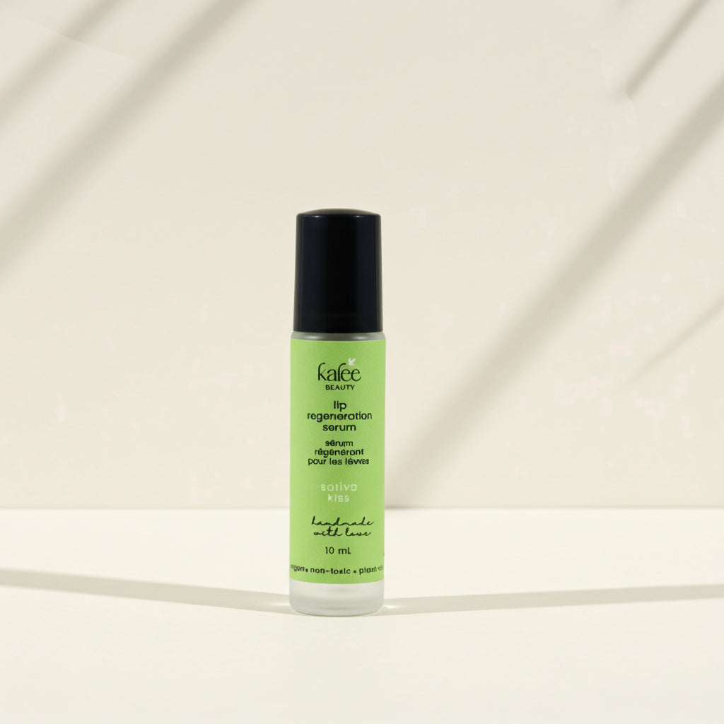 Artisanal Sativa Kiss Lip Regeneration Serum by Kalee Beauty. A vegan, hempseed-infused formula handmade in Canada.
