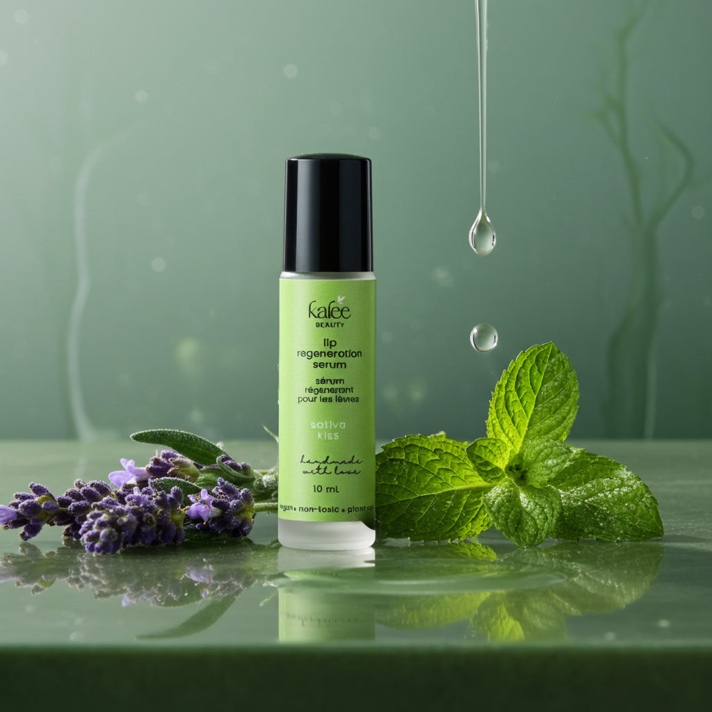 A minimalist beauty ritual featuring Sativa Kiss Lip Serum. Artisanal Canadian lip care infused with peppermint and plant oils.