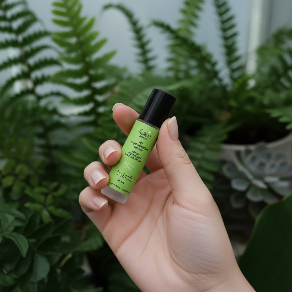 Hand holding the Sativa Kiss Lip Serum to show portable, travel-friendly sizing. Artisanal beauty handmade in small batches.